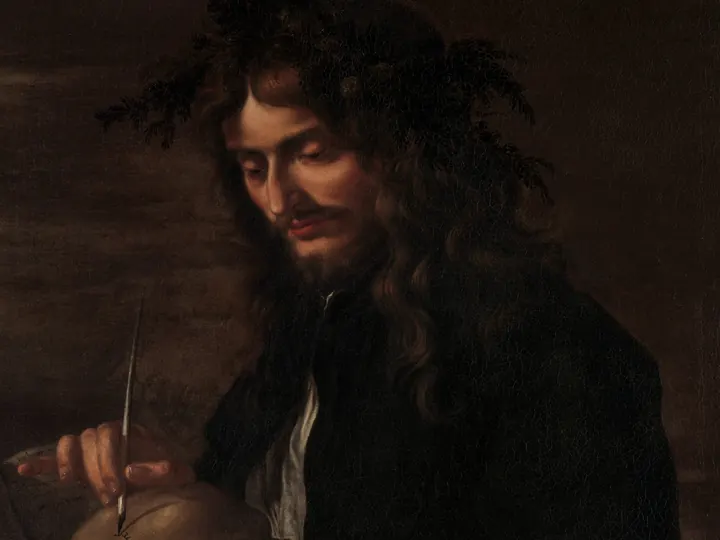 A young man with long dark hair and a leafy wreath looks down, writing with a quill, against a dark sky.