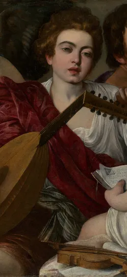 Four young figures crowded together with a lute, a violin and sheets of music.